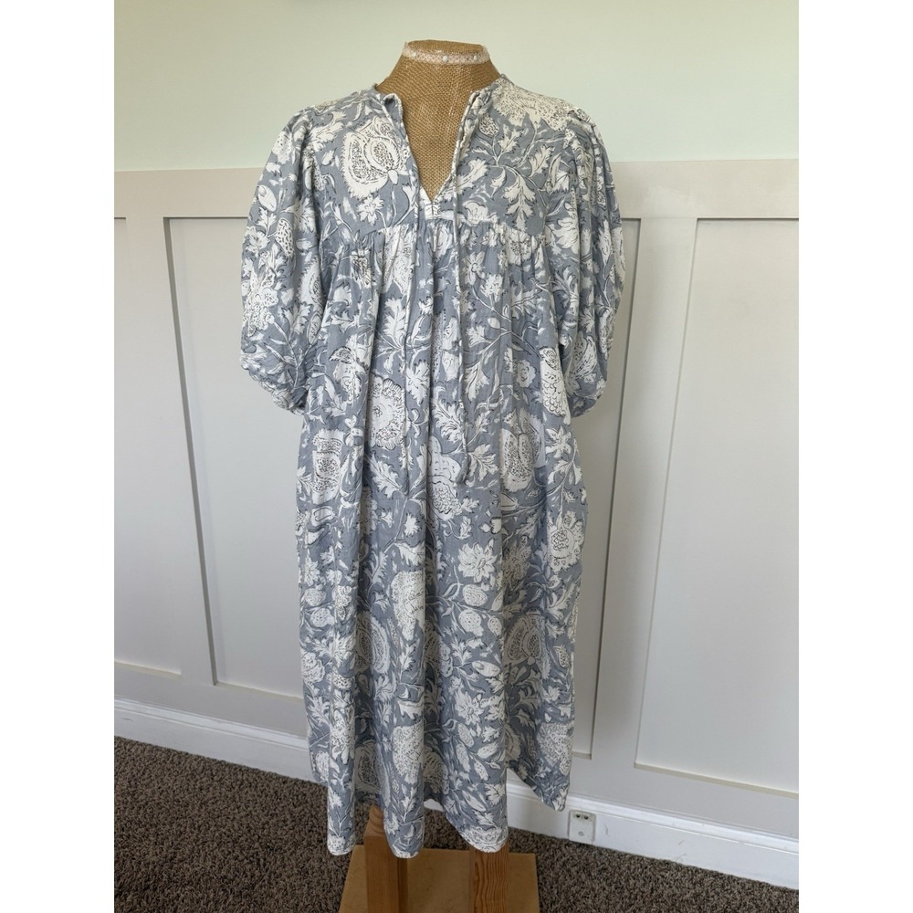 Sun Dried Laundry Midi Dress SM Blue 100% Cotton Floral Puff Sleeve Romantic